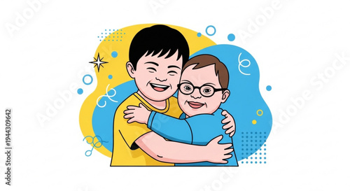 Two boys hugging smiling with joy friendship and love happy children cartoon style colorful background