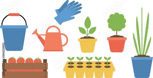 Backyard harvest vector collection featuring a wooden crate of tomatoes red watering can blue bucket garden gloves and various potted seedlings.