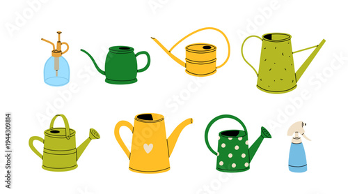 Large set of garden watering cans for watering indoor plants on balcony, terrace, farm of various shapes, sizes, designs, colors. Vector illustration on white isolated background in cartoon style.