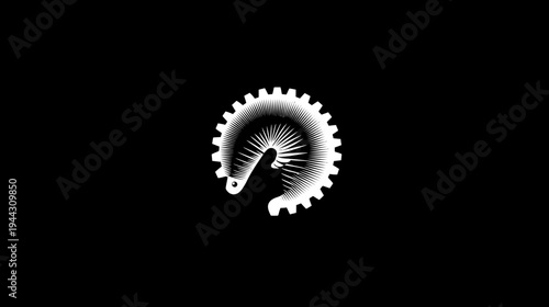 A stark, white gear partially encircles an abstract form with radiating lines, set against a black backdrop