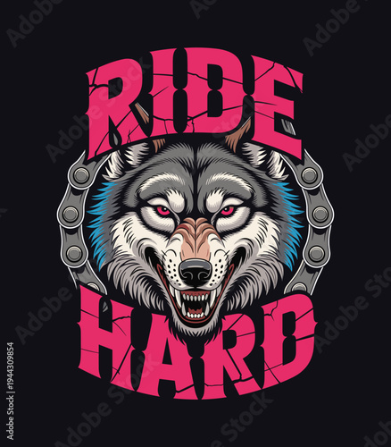 Aggressive Wolf Mascot Illustration with Ride Hard Text and Metal Chain Biker Style