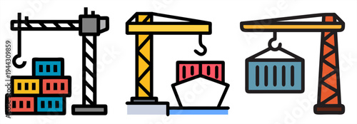 Set of logistics and delivery icons, vector illustration of cargo ship, delivery truck, airplane, and industrial crane in thick line style for shipping business