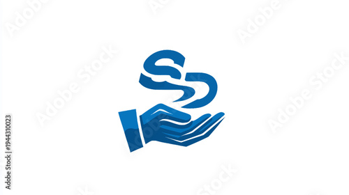 A blue stylized hand cradling a flowing, abstract shape against a clean white backdrop