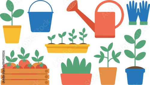 Backyard harvest vector collection featuring a wooden crate of tomatoes red watering can blue bucket garden gloves and various potted seedlings.