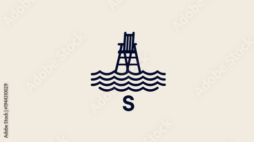 Minimalist illustration of a lifeguard chair set in waves with a stylized "S" below