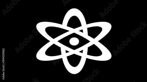 Stylized, white atomic structure, with orbiting pathways, centered on black background