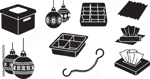 Black and white illustration of Christmas decorations and objects