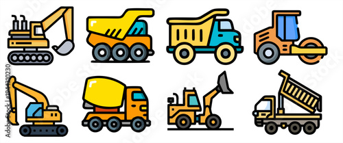 Comprehensive set of construction vehicle icons, including excavators, dump trucks, cement mixers, and road rollers, colorful vector illustration on white.
