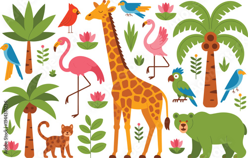 Tropical wildlife vector collection featuring a giraffe pink flamingo green bear and exotic birds with palm trees and jungle flora elements.