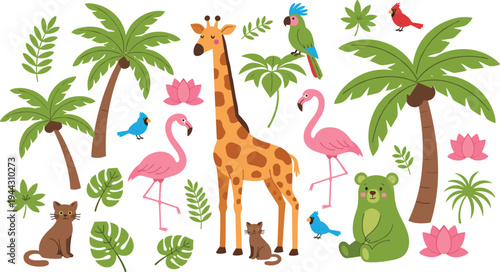 Tropical wildlife vector collection featuring a giraffe pink flamingo green bear and exotic birds with palm trees and jungle flora elements.