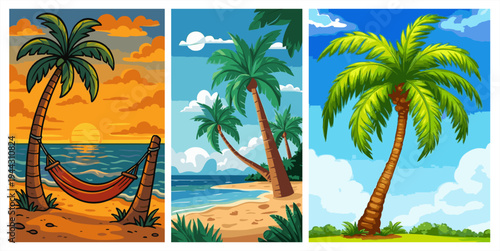 Set of tropical beach landscape banners with palm trees, sunset ocean, and summer vacation elements, vibrant vector illustrations for posters and backgrounds