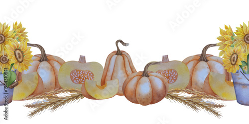 Collection of autumn elements. Fall compositions with pumpkins, maple leaves, sunflower, rye. Watercolor harvest thanksgiving day illustration. Hand painted illustration for design, print, halloween, 