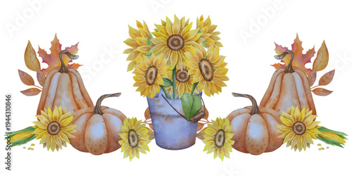 Collection of autumn elements. Fall compositions with pumpkins, maple leaves, sunflower, rye. Watercolor harvest thanksgiving day illustration. Hand painted illustration for design, print, halloween, 