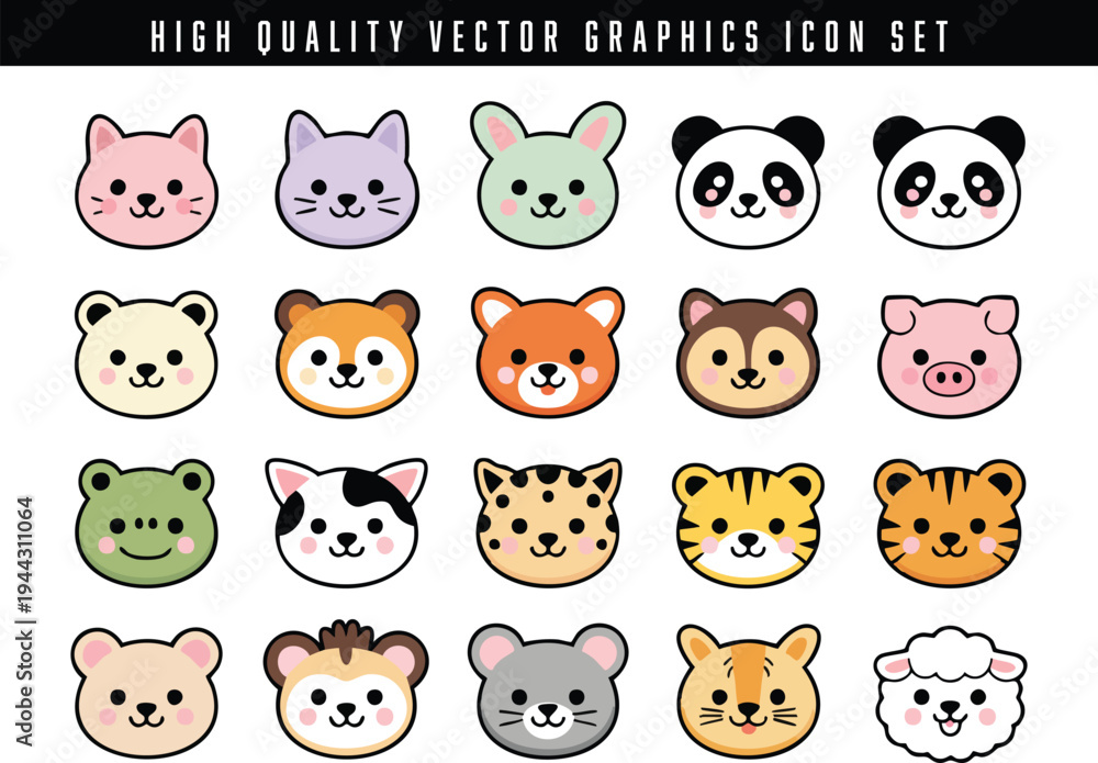 Obraz premium Collection of high quality cute animal faces vector icons