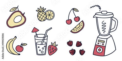 A colorful illustration of various fruits and a blender with a glass of smoothie.