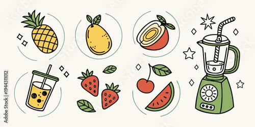 Assorted fruits and a juicer machine with a pitcher of juice