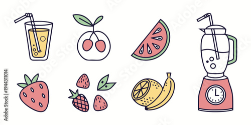 Assorted healthy food items including fruits, a blender, and a glass of juice