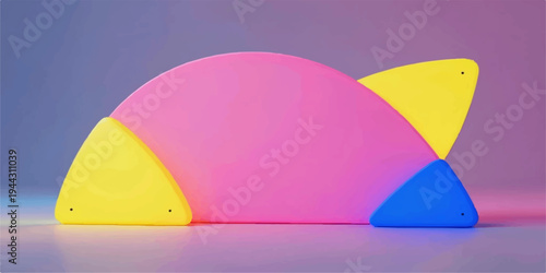 A vibrant, geometric art form with a semi-circular pink shape and yellow and blue triangles against a softly-colored background, evokes a sense of modern artistry. 