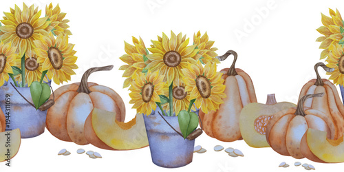 Collection of autumn elements. Fall compositions with pumpkins, maple leaves, sunflower, rye. Watercolor harvest thanksgiving day illustration. Hand painted illustration for design, print, halloween, 