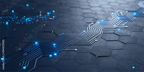 A futuristic blue circuit board design creates an abstract digital background representing a global communication network and world map concept for business technology and internet data connections