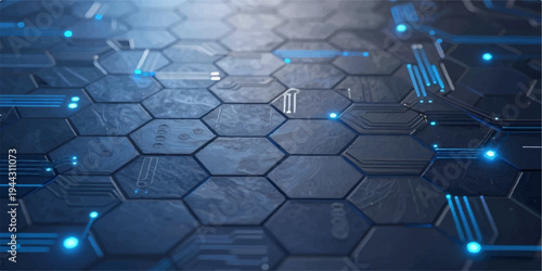 A 3d digital technology background featuring a blue circuit board pattern with glowing data cubes and electronic network shapes for a modern web business wallpaper illustration