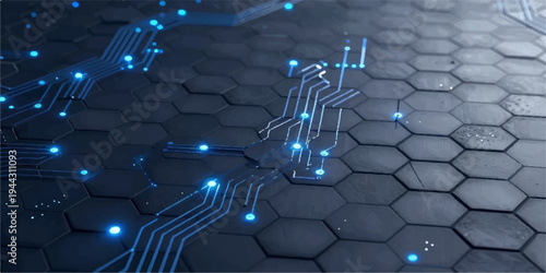 Abstract blue technology background featuring a digital circuit board with binary code and fiber optic cable light for electronic network communication and internet server data connection
