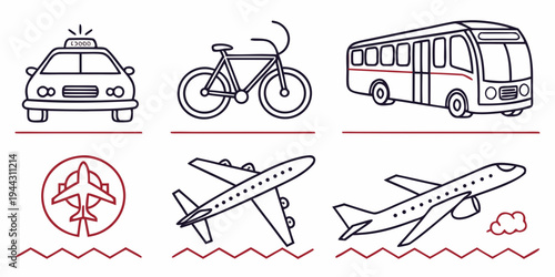 Illustrations of various modes of transportation including cars, bicycles, buses, and airplanes