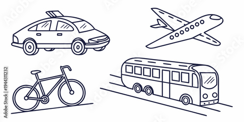 A collection of various modes of transportation including a police car, airplane, bus, bicycle