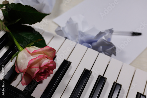 Εκτύπωση καμβά Piano keys with rose and crumpled lyric sheets representing songwriting process