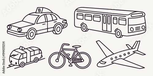 Various modes of transportation including a taxi, bus, suitcase, bicycle, and airplane