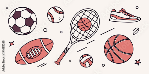 A collection of various sports equipment including balls, rackets, and shoes