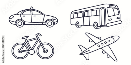 Illustration of various transportation modes including a police car, bus, bicycle, and airplane.