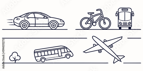 Various modes of transportation including cars, bicycles, buses, and airplanes