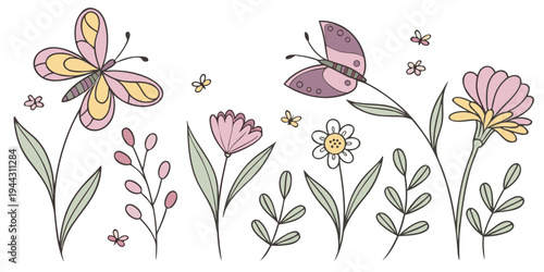 A delightful collection of various butterflies and flowers in a charming arrangement