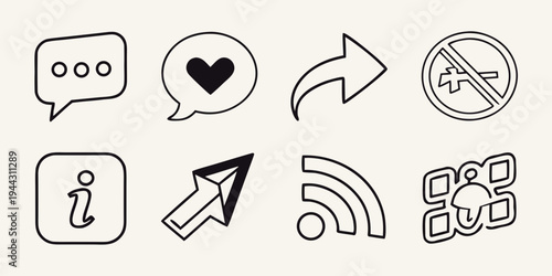 Set of icons representing various social media and communication functions