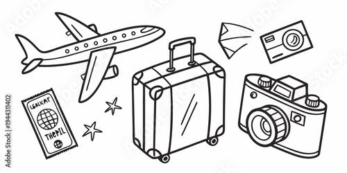 A detailed illustration of various travel items including a plane, suitcase, and passport.