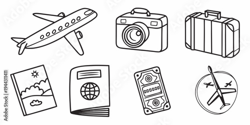 A collection of travel-related icons including an airplane, camera, and suitcase