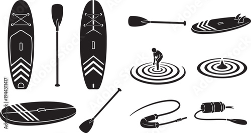 Stand Up Paddle Board and Accessories Illustration Set