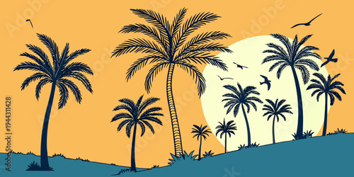 A serene beach scene with palm trees silhouetted against a vibrant sunset