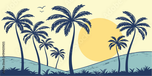 A serene tropical beach at sunset with palm trees silhouetted against the sky