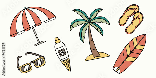 Assorted beach items including an umbrella, sandals, a bottle, and a surfboard