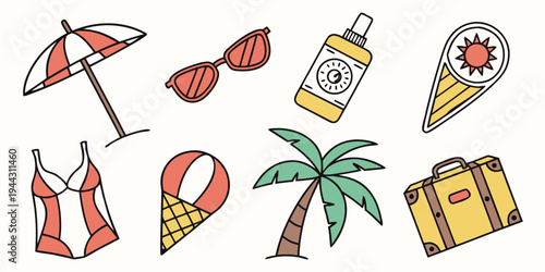 Assorted summer vacation items including a beach umbrella, sunscreen, and a suitcase