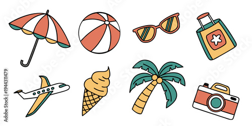 Assorted colorful beach items including umbrellas, towels, and a cooler