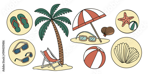 A tropical beach scene with palm trees, sun, and various beach items