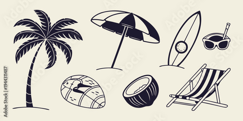 A collection of beach items including a surfboard, umbrella, and volleyball