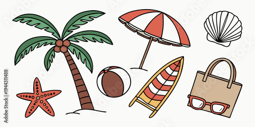 A vibrant beach scene with palm trees, a starfish, a beach ball, and a surfboard