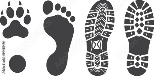 A black vector illustration featuring a human barefoot footprint and a shoe sole print silhouette designed as a symbolic walking track icon on a white background