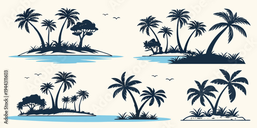 A group of palm trees and tropical birds on a small island in the ocean