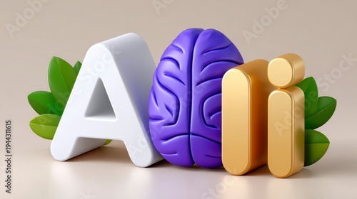 Artificial Intelligence Concept With Purple Brain And Golden I And Green Leaves On Beige Background