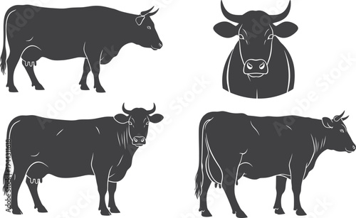 Black and white cow and calf farm animal silhouette vector illustration featuring cattle livestock and agriculture nature icons